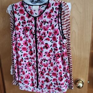 Kate Spade Pink and Black Floral 100% Silk Pleated Blouse Top Was Dry Cleaned